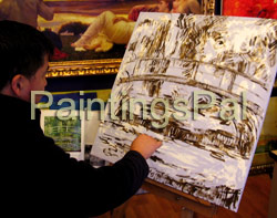 Oil painting process of Water-Lily Pond and Japanese Footbridge by Monet (step 1)